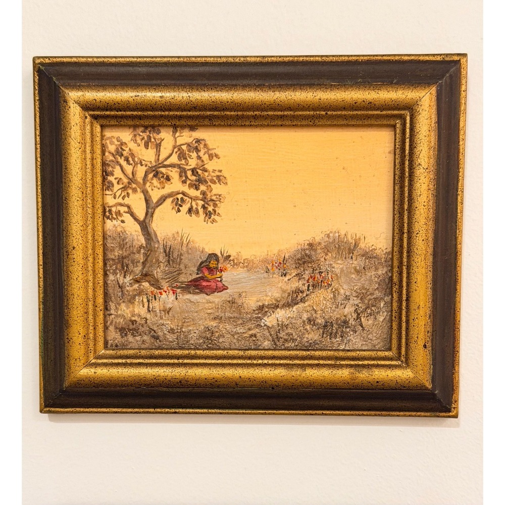 Vintage Miniature Landscape Painting of Girl- Signed, Gold Wood Frames